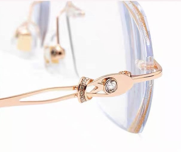 Women Rimless Diamond Cut Prescription Reading Glasses With Chain