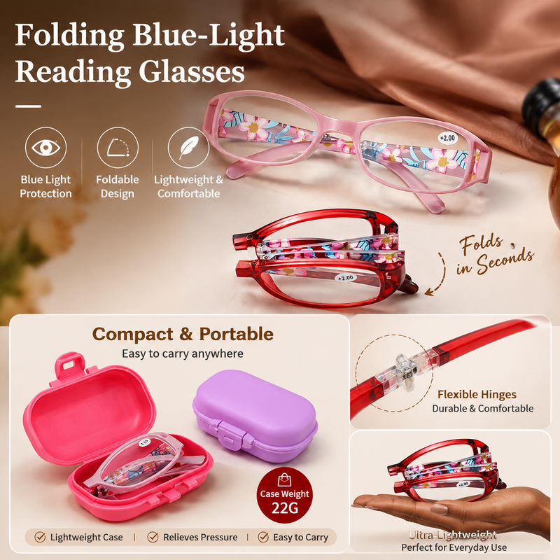 Prescription Reading Glasses, Folding Portable Blue Light Blocking Frame