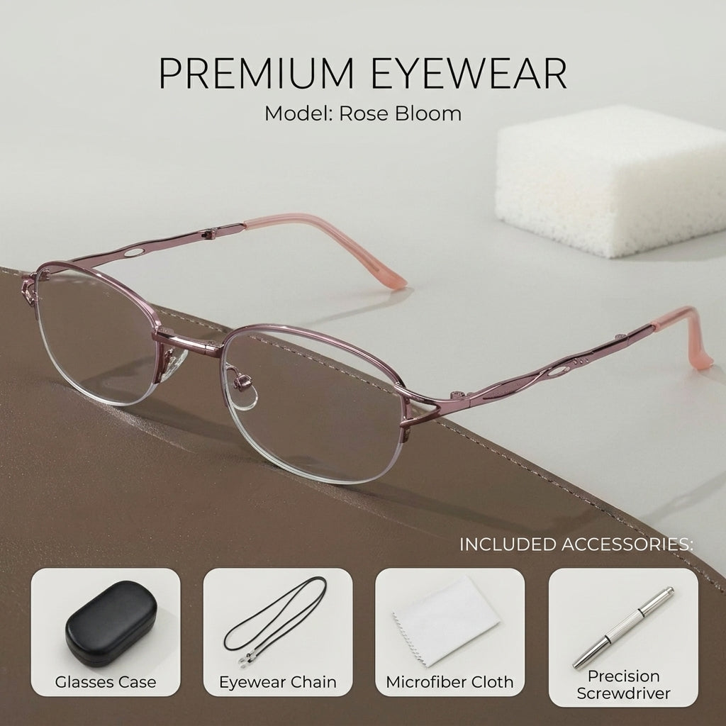 Elegant Half Rim Prescription Reading Glasses with Complete Accessories