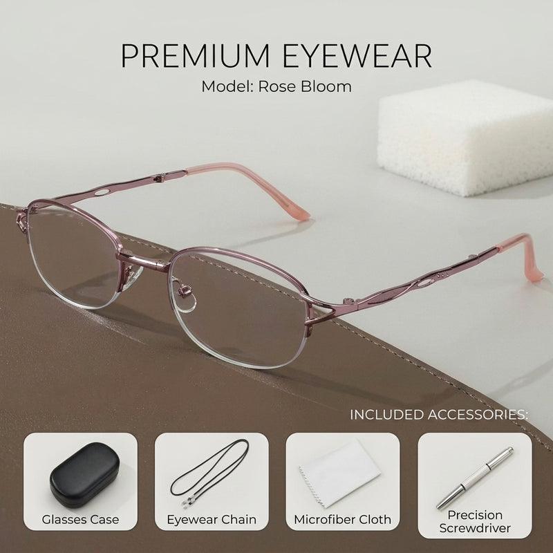 Elegant Half Rim Prescription Reading Glasses with Complete Accessories