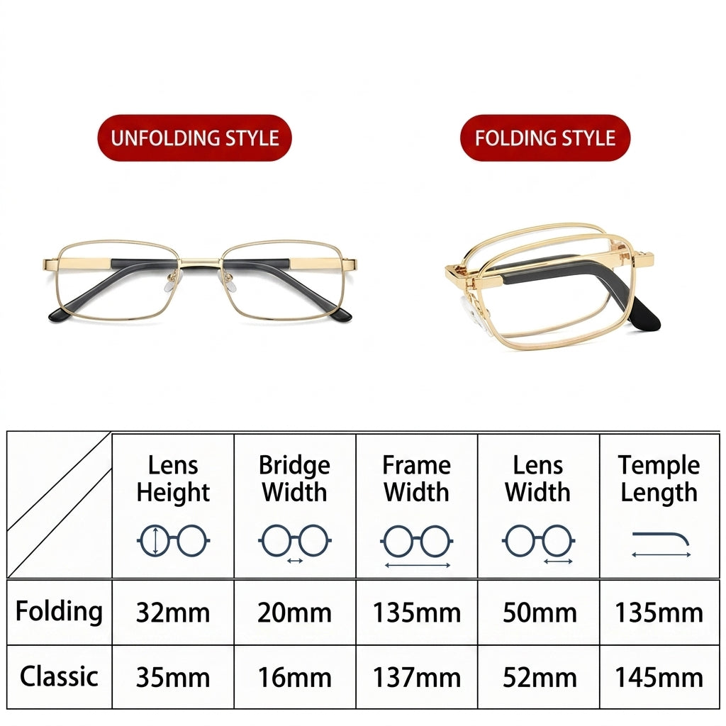 Men's Foldable Metal Square Prescription Reading Glasses