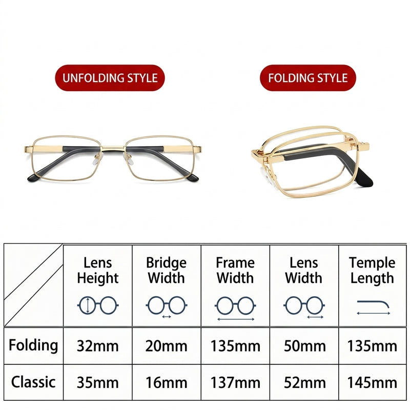 Men's Foldable Metal Square Prescription Reading Glasses