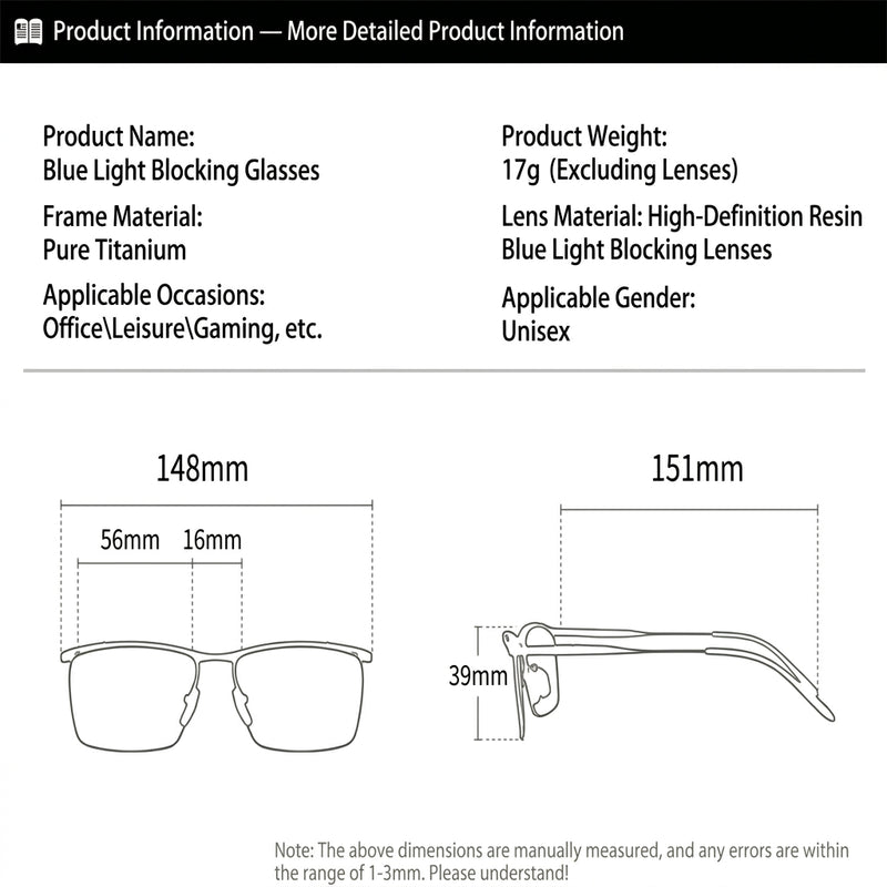 Men Foldable Pure Titanium Rx Glasses, Office Anti Blue Light Resin Lenses, 4 Color Options