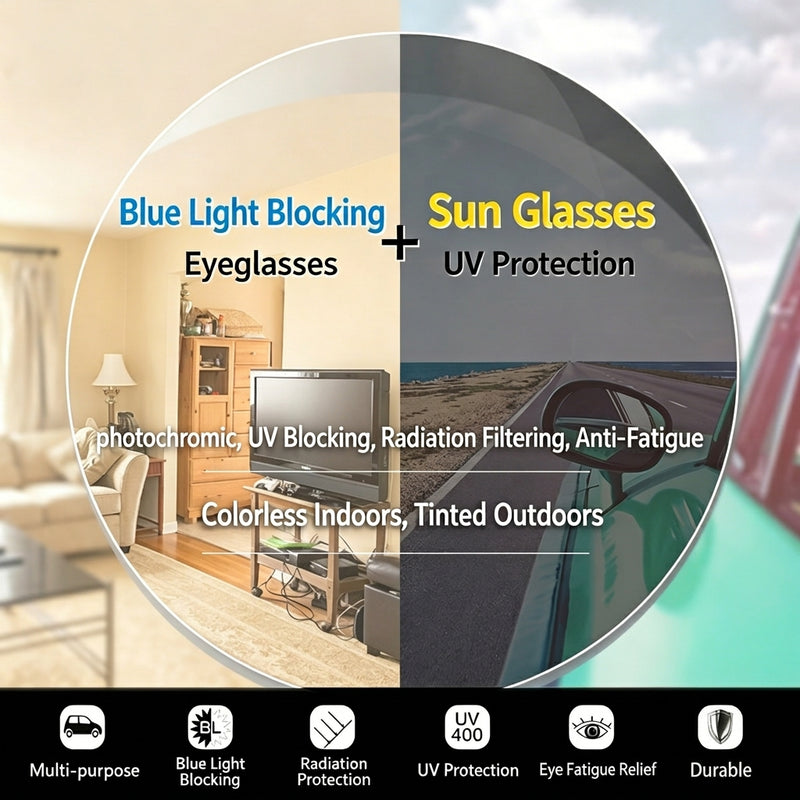 Men Rx Glasses Ultra Light Pure Titanium Frame, Photochromic Anti Blue Light UV Shield