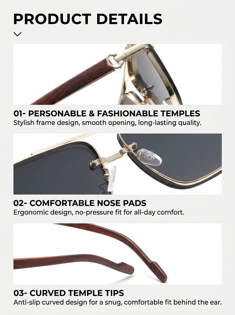 Men's Sunglasses｜Square Shape with Gold Frame & Wood Texture Temples, 6 Gradient Lens Colors Optional