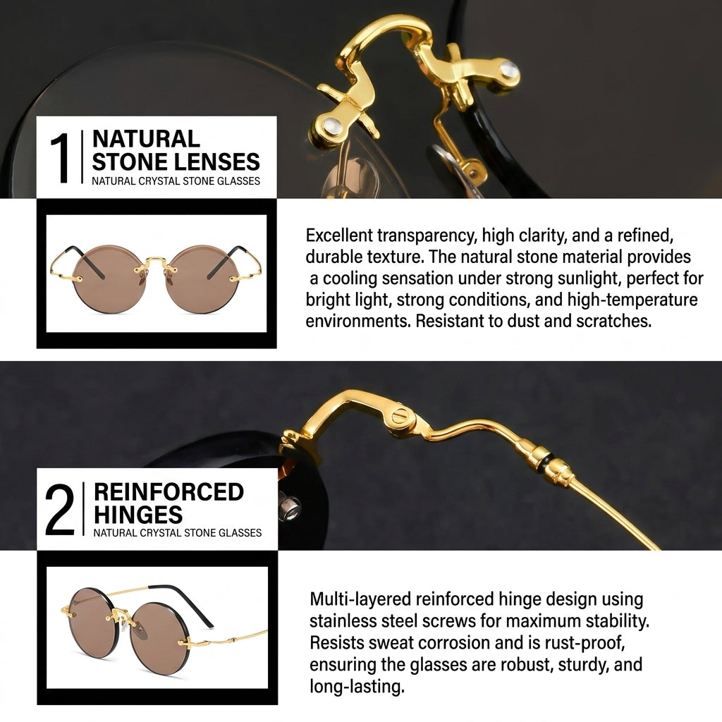 Sunglasses, Vintage Rimless Round Natural Crystal Stone