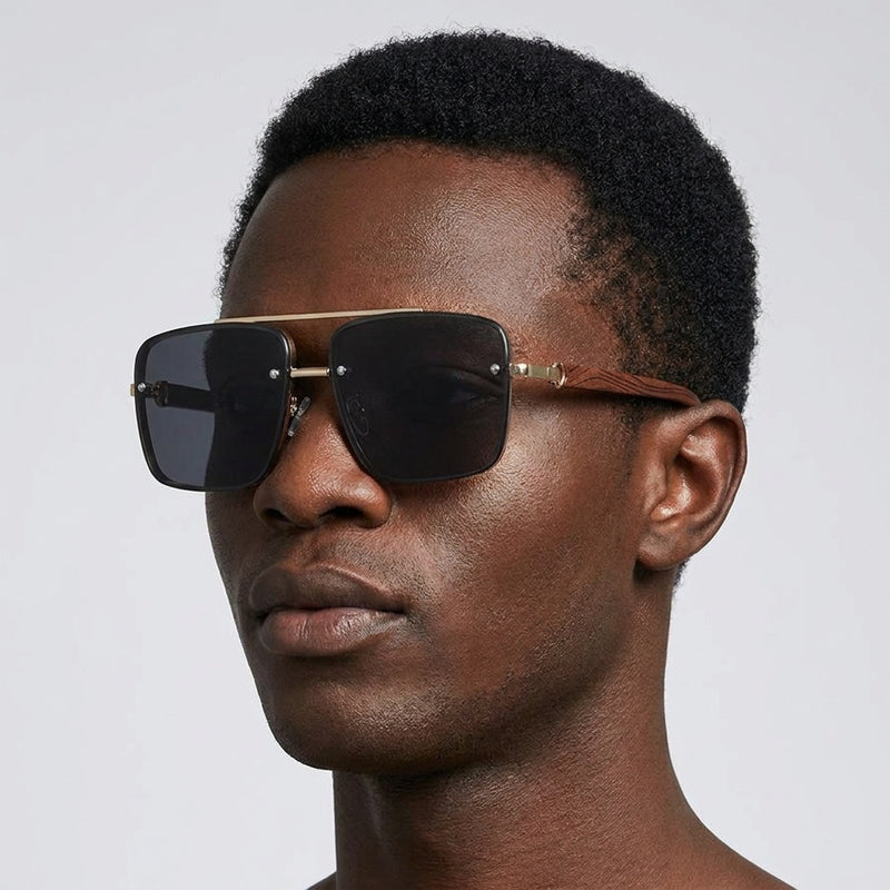 Men's Sunglasses｜Square Shape with Gold Frame & Wood Texture Temples, 6 Gradient Lens Colors Optional