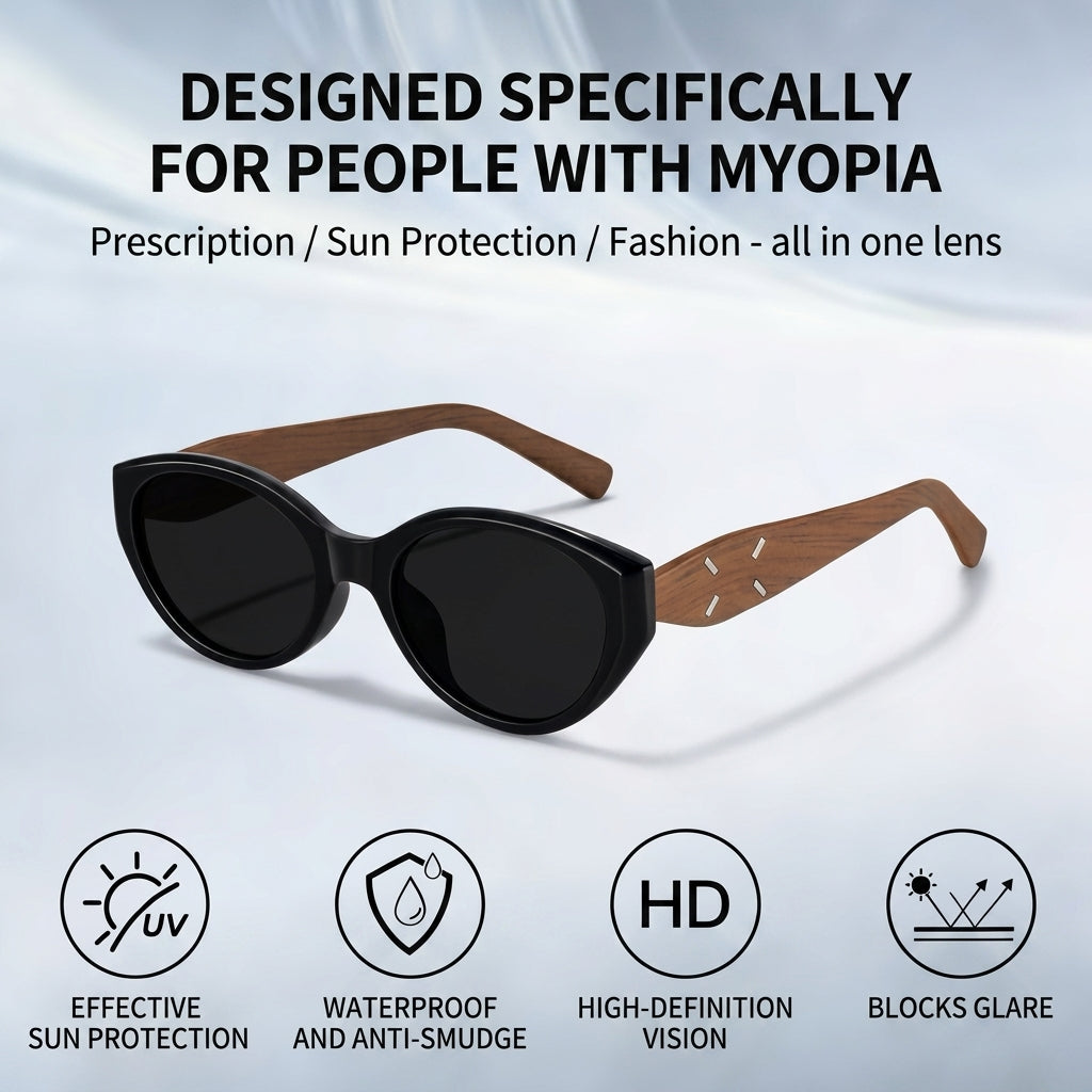 Prescription Sunglasses, Vintage Cat Eye Wood Grain Frames