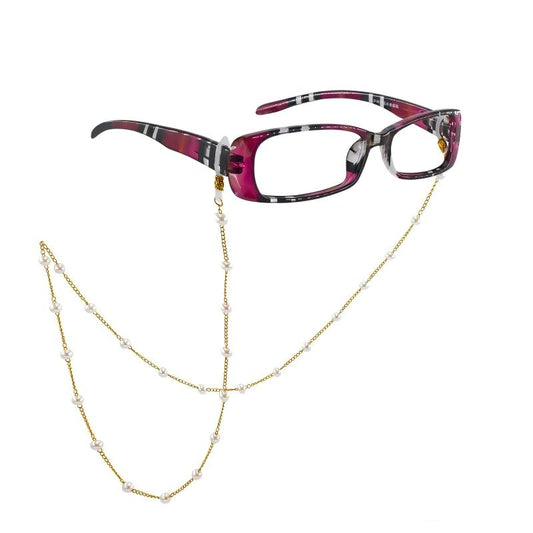 Prescription Reading Glasses, Striped Rectangular With Pearl Chain