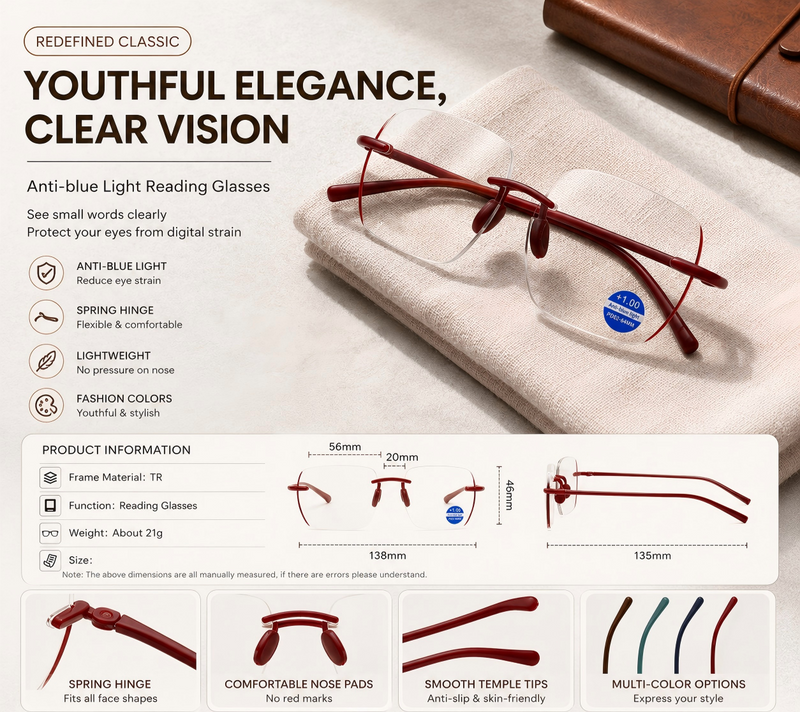 Prescription Reading Glasses, Ultra-Light Rimless Anti-Fatigue Frame