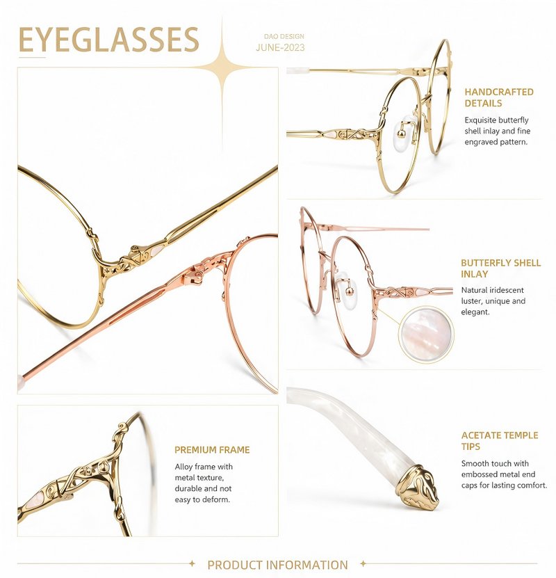 Prescription Women’s Eyeglasses | Rose Rococo Butterfly Shell Rimless Frame