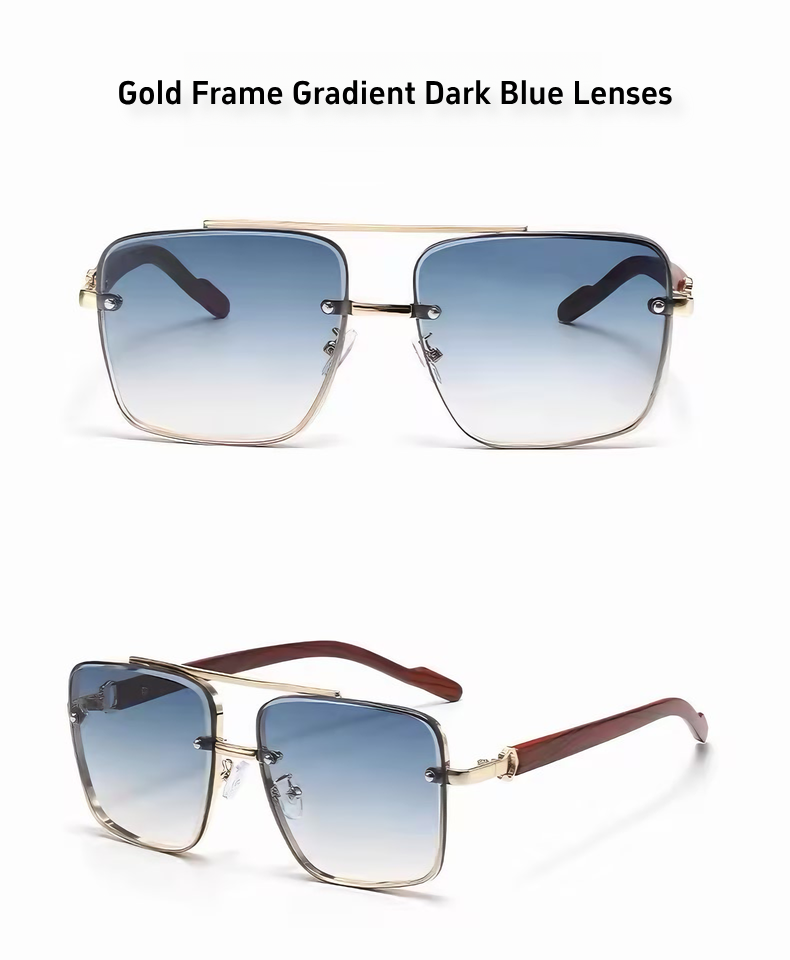 Men's Sunglasses｜Square Shape with Gold Frame & Wood Texture Temples, 6 Gradient Lens Colors Optional