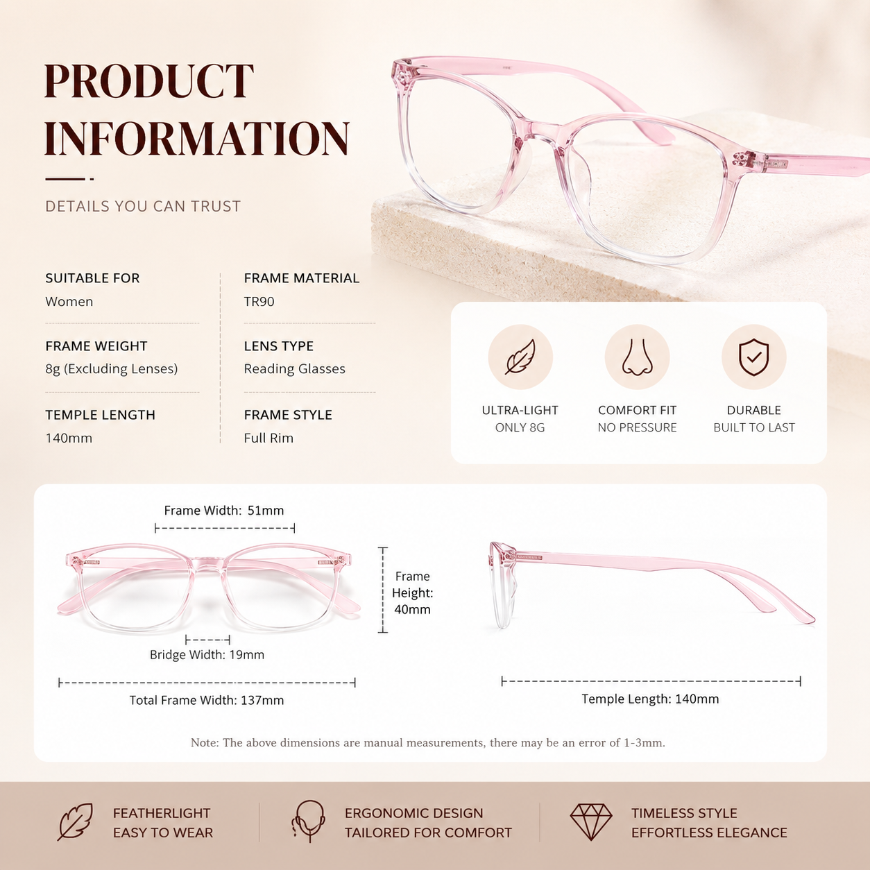 Prescription Reading Glasses, Clear Blue Light Blocking Frame