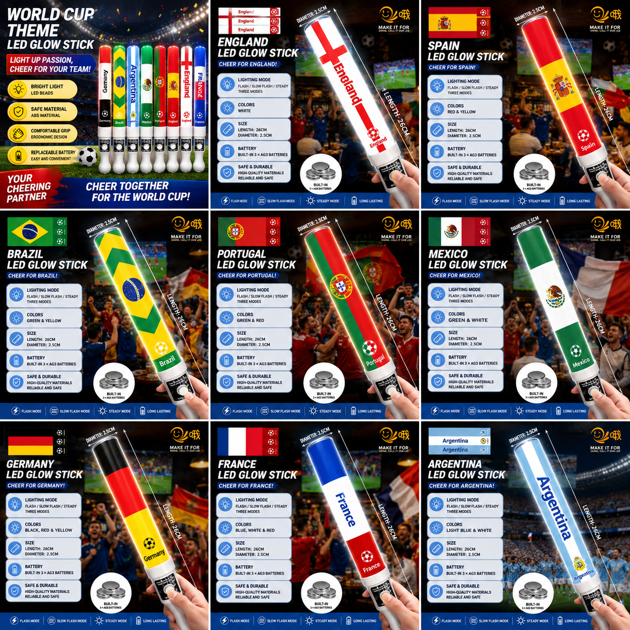World Cup LED Light Up Cheer Sticks For Football Match Party