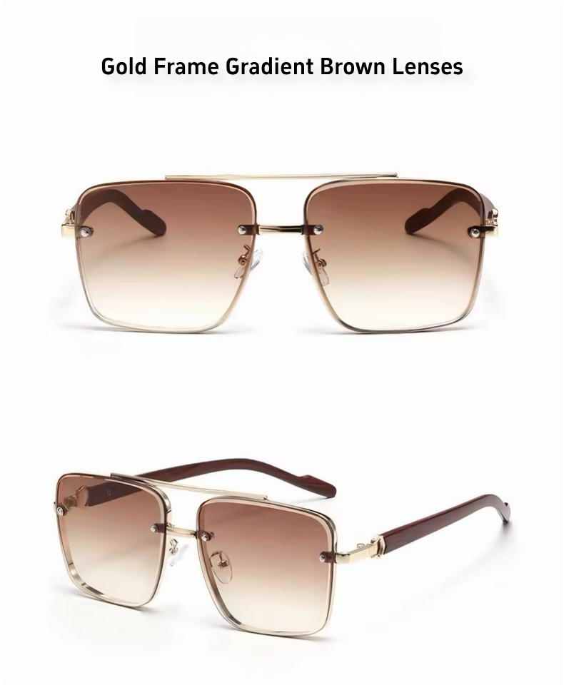 Men's Sunglasses｜Square Shape with Gold Frame & Wood Texture Temples, 6 Gradient Lens Colors Optional