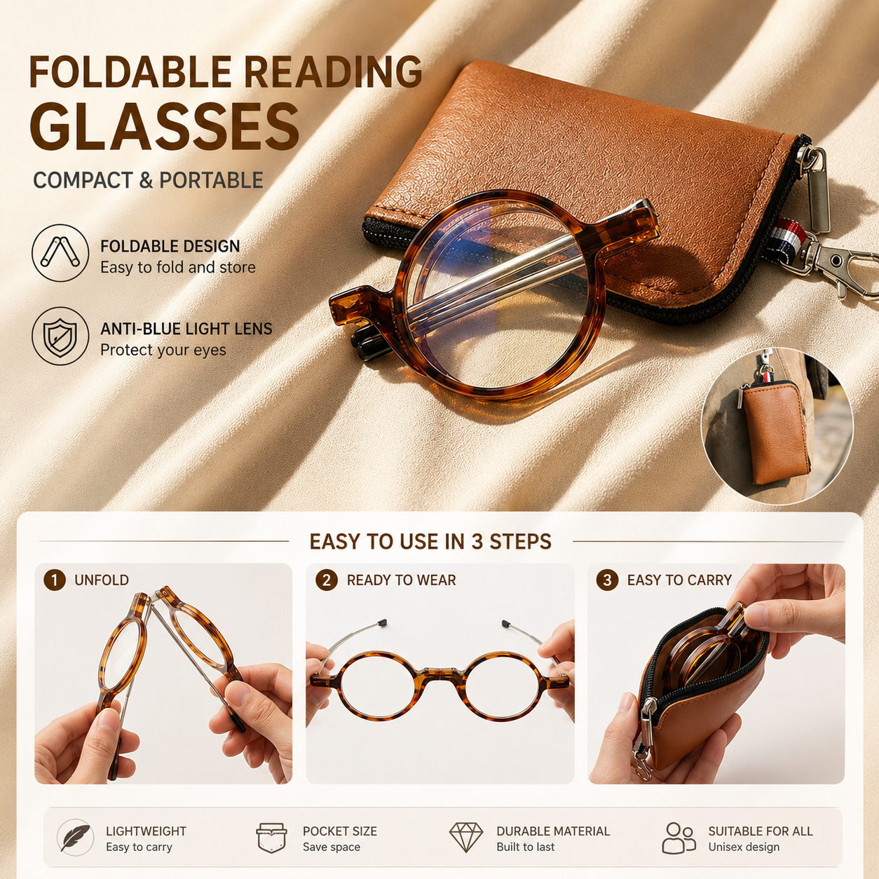 Prescription Reading Glasses, Folding Portable Round Frame