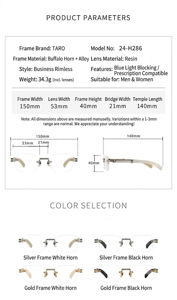 Prescription Glasses | Rimless Buffalo Horn Business Frame