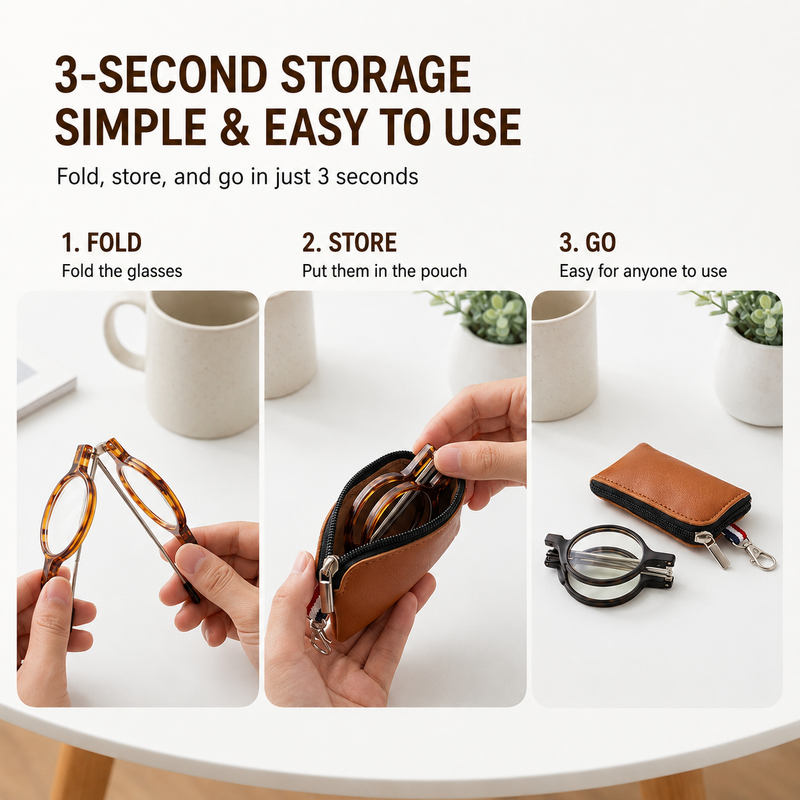 Prescription Reading Glasses, Folding Portable Round Frame