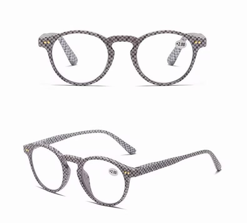 Prescription Reading Glasses, Fashionable Plaid Round Presbyopia Frames