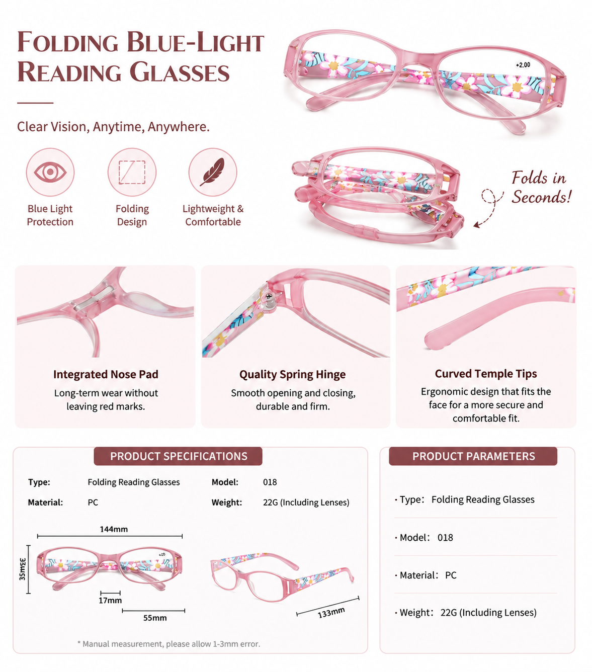 Prescription Reading Glasses, Folding Portable Blue Light Blocking Frame