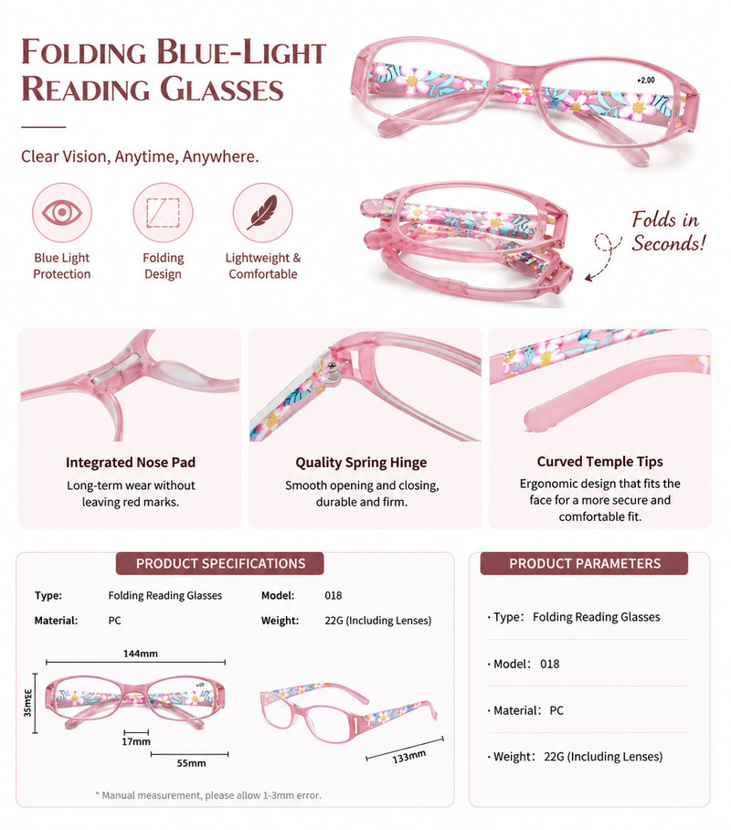 Prescription Reading Glasses, Folding Portable Blue Light Blocking Frame