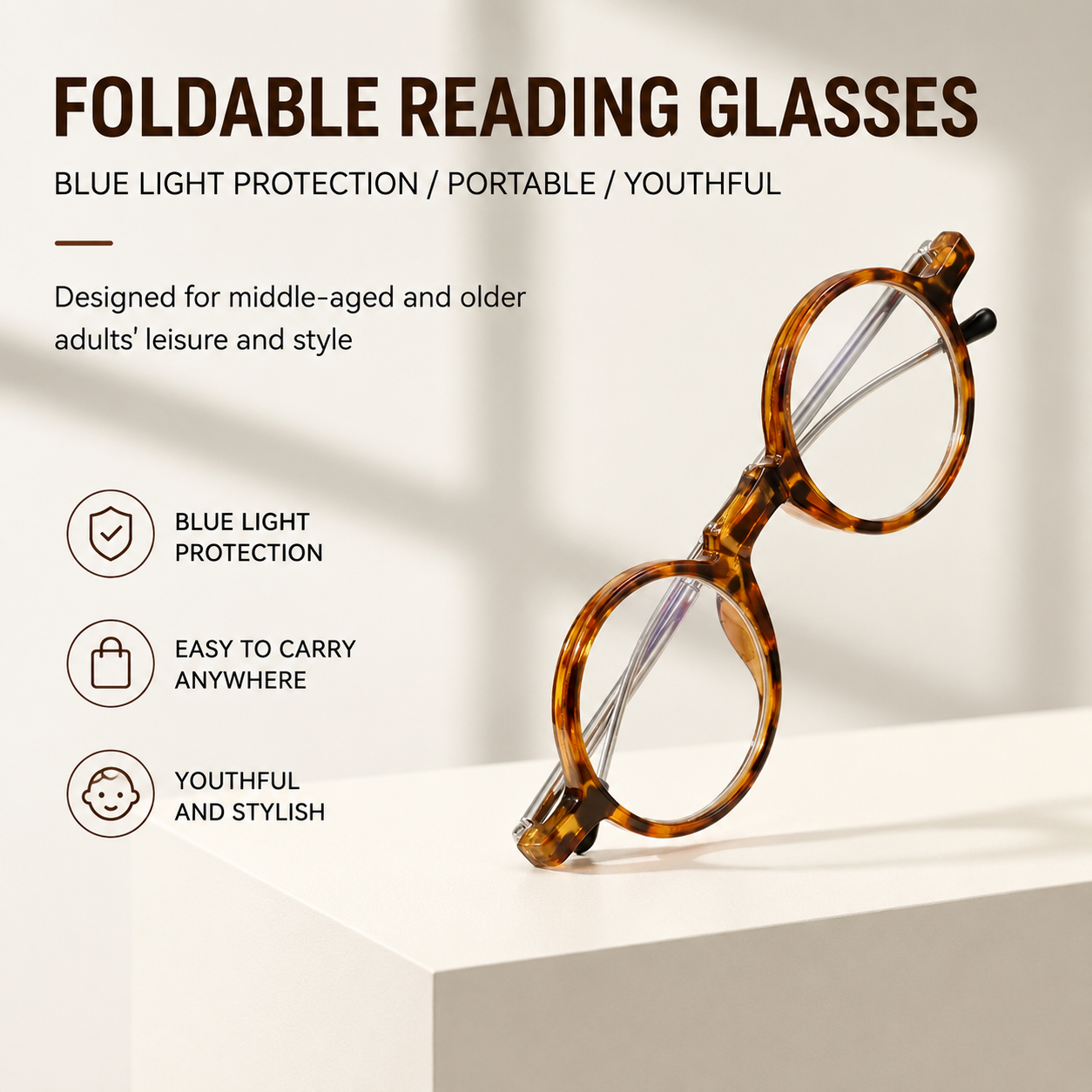 Prescription Reading Glasses, Folding Portable Round Frame