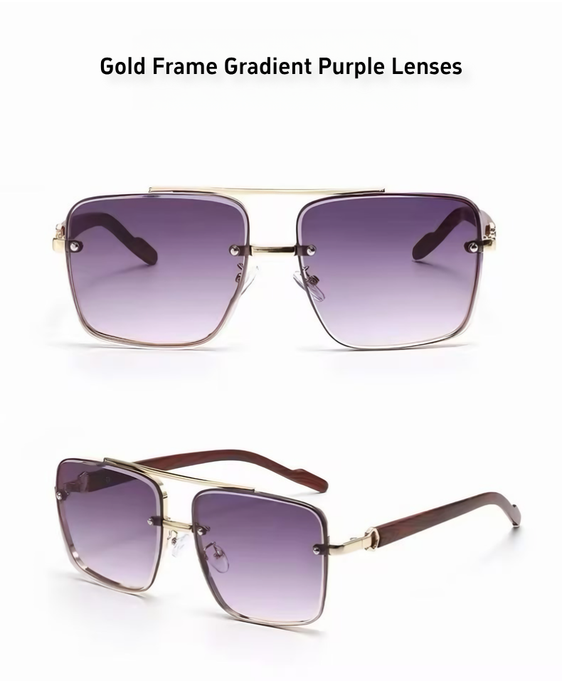 Men's Sunglasses｜Square Shape with Gold Frame & Wood Texture Temples, 6 Gradient Lens Colors Optional