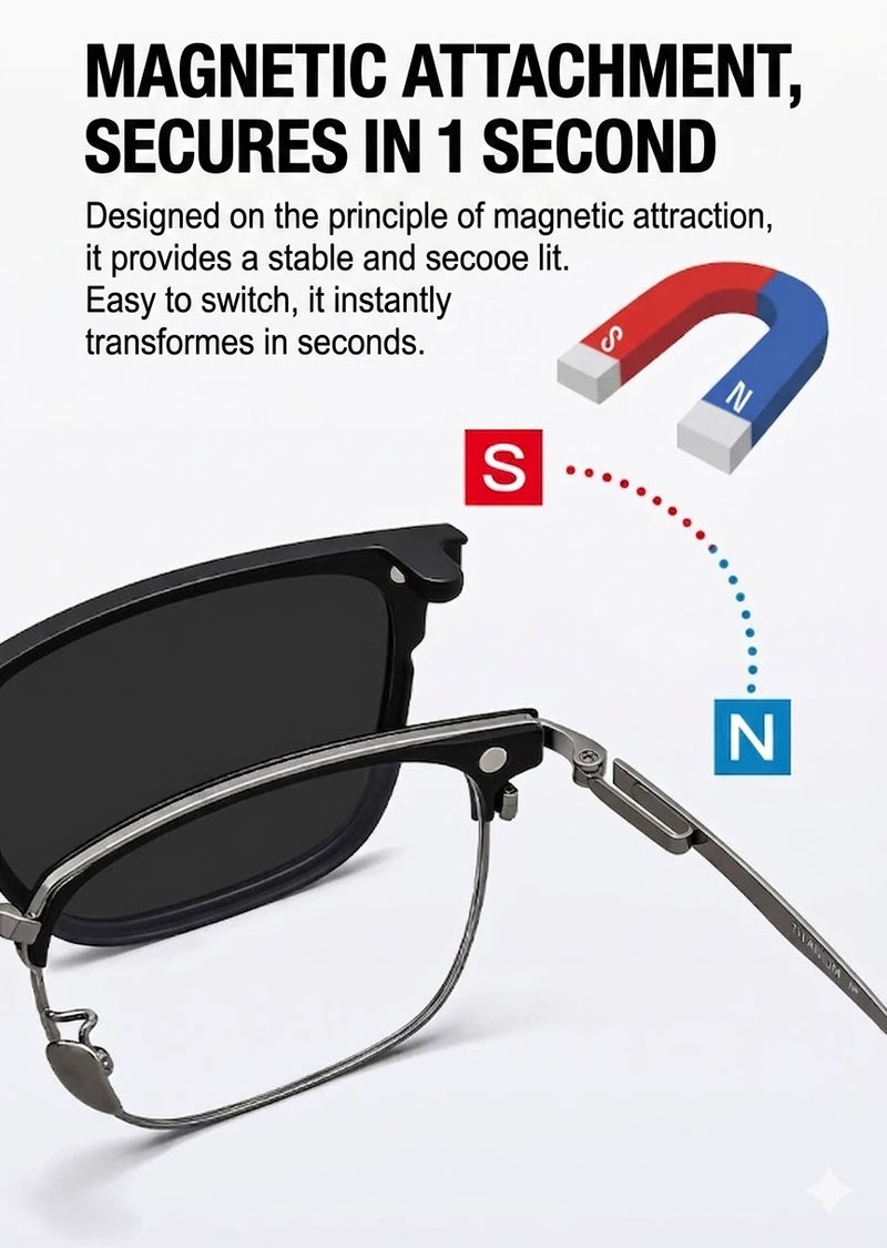Prescription Eyeglasses | 5-in-1 Magnetic Clip-On Glasses, Polarized Sun Lens & Night Driving Lens