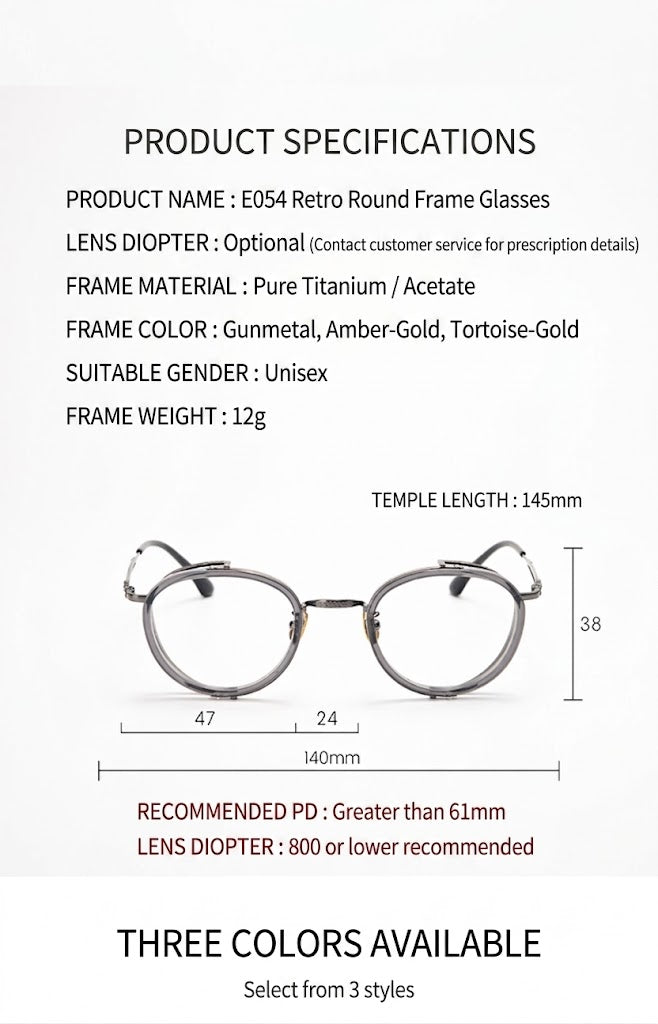 Prescription Glasses | Vintage Round Titanium Frame, Lightweight & Comfortable