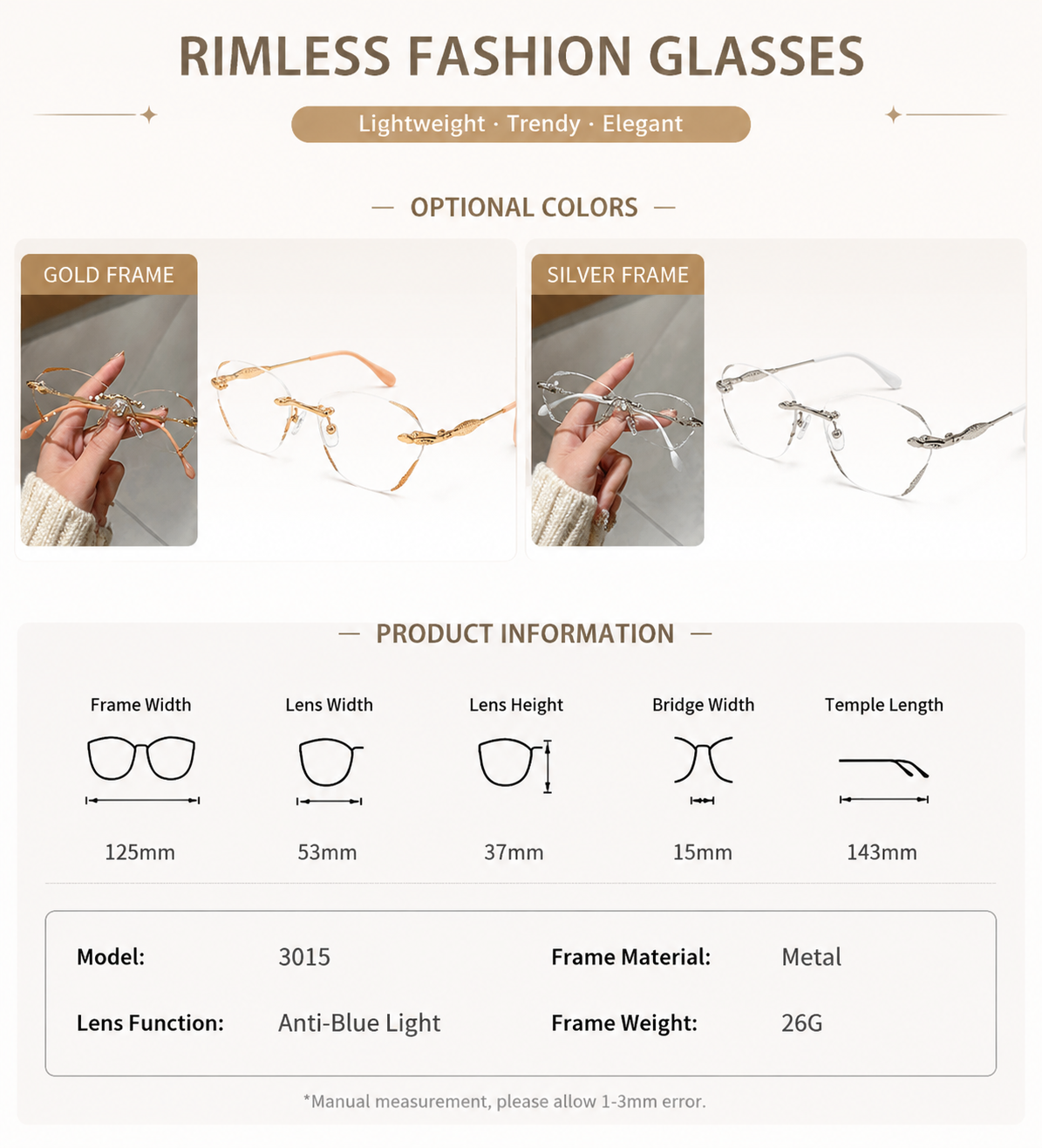Prescription Reading Glasses, Rimless Vintage Reading Frame