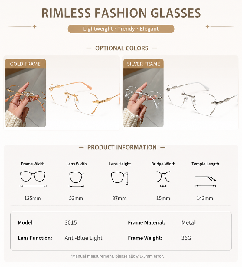 Prescription Reading Glasses, Rimless Vintage Reading Frame