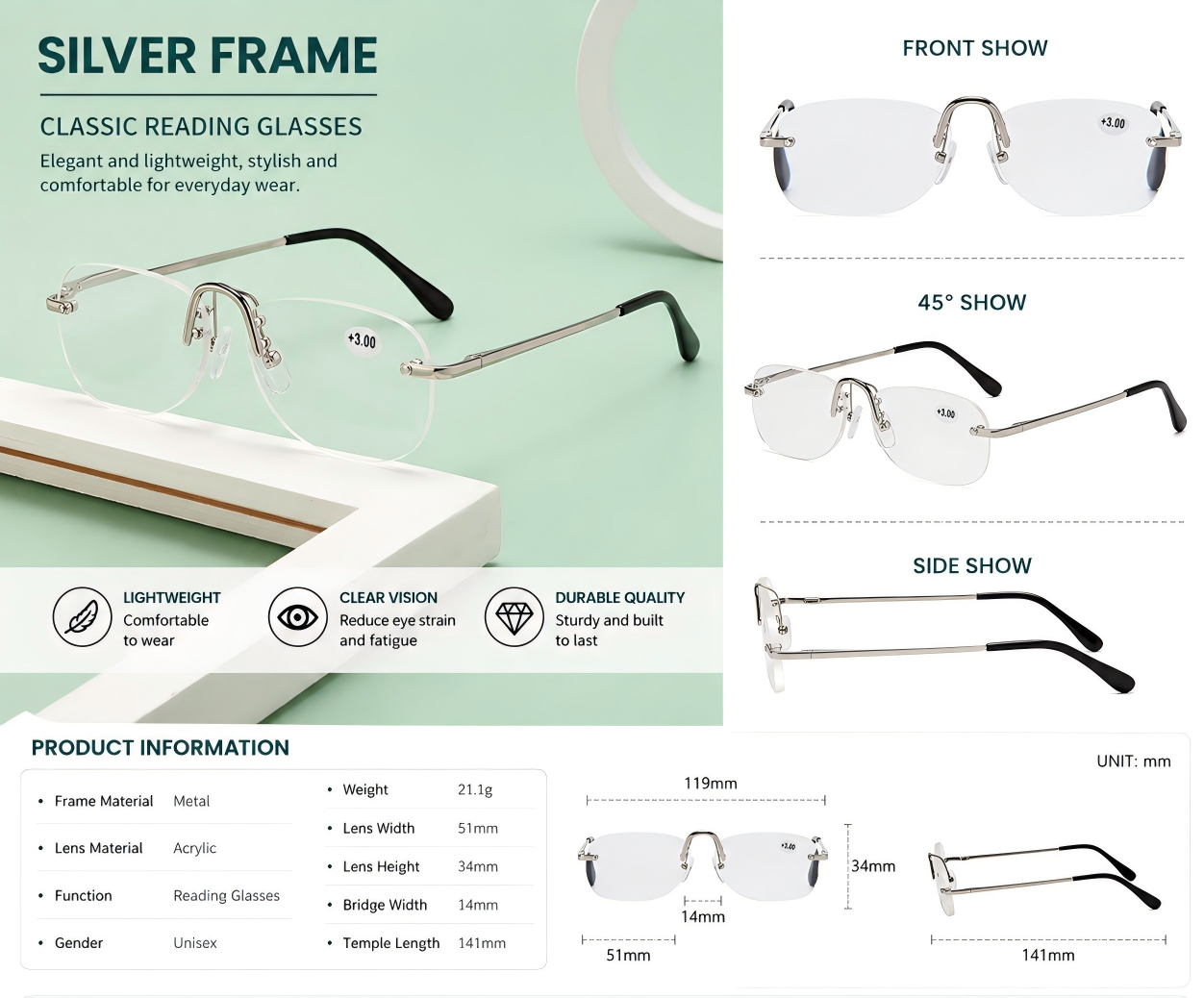 Prescription Reading Glasses, Fashion Rimless Ultra-Light Frame