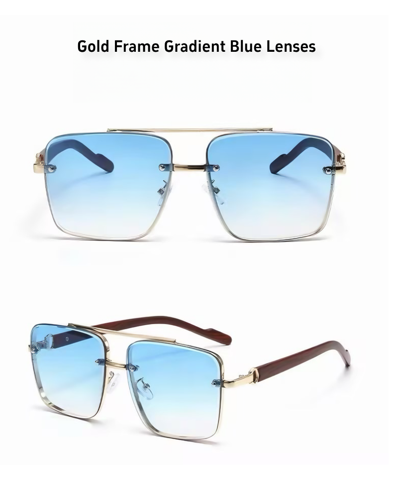 Men's Sunglasses｜Square Shape with Gold Frame & Wood Texture Temples, 6 Gradient Lens Colors Optional