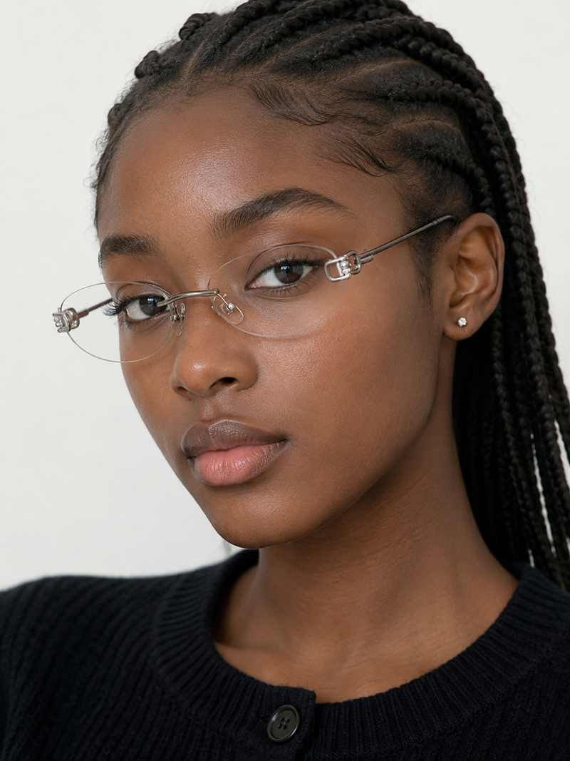 Prescription Eyeglasses | Oval Wire Knot Rimless Silver Frame