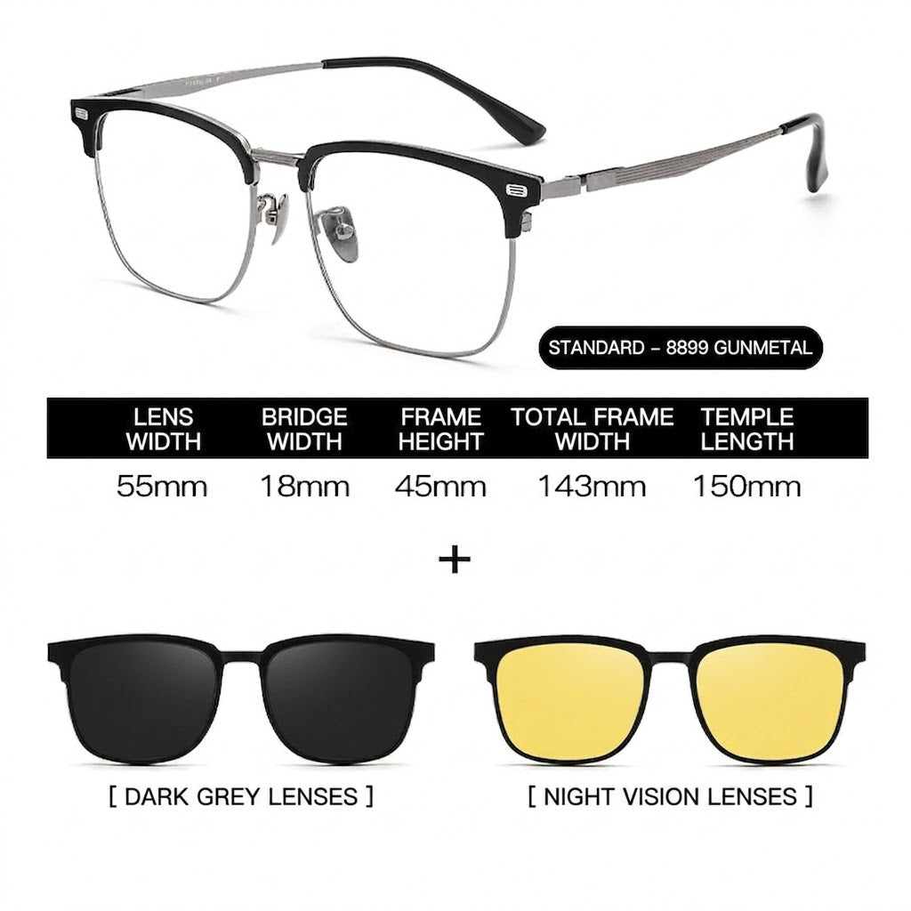 Prescription Eyeglasses | 5-in-1 Magnetic Clip-On Glasses, Polarized Sun Lens & Night Driving Lens