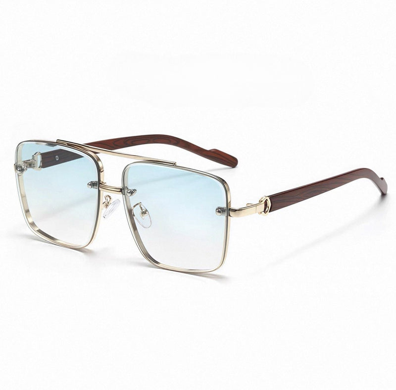 Men's Sunglasses｜Square Shape with Gold Frame & Wood Texture Temples, 6 Gradient Lens Colors Optional