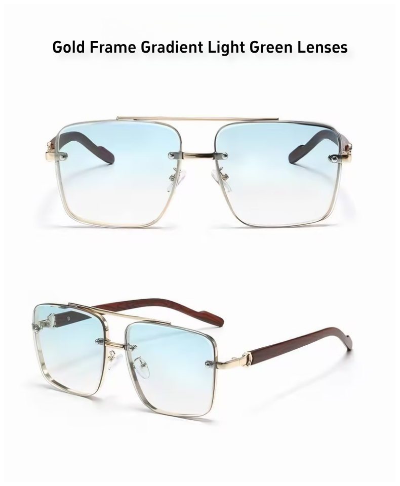 Men's Sunglasses｜Square Shape with Gold Frame & Wood Texture Temples, 6 Gradient Lens Colors Optional