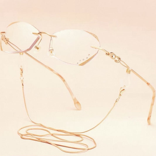 Women Rimless Diamond Cut Prescription Reading Glasses With Chain