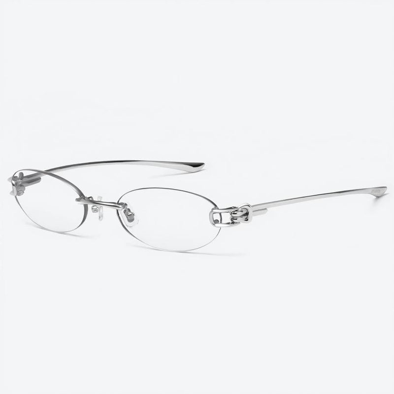Prescription Eyeglasses | Oval Wire Knot Rimless Silver Frame