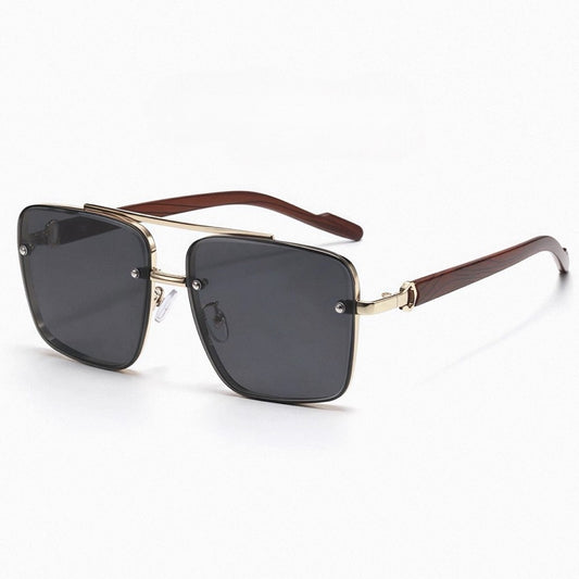 Men's Sunglasses｜Square Shape with Gold Frame & Wood Texture Temples, 6 Gradient Lens Colors Optional