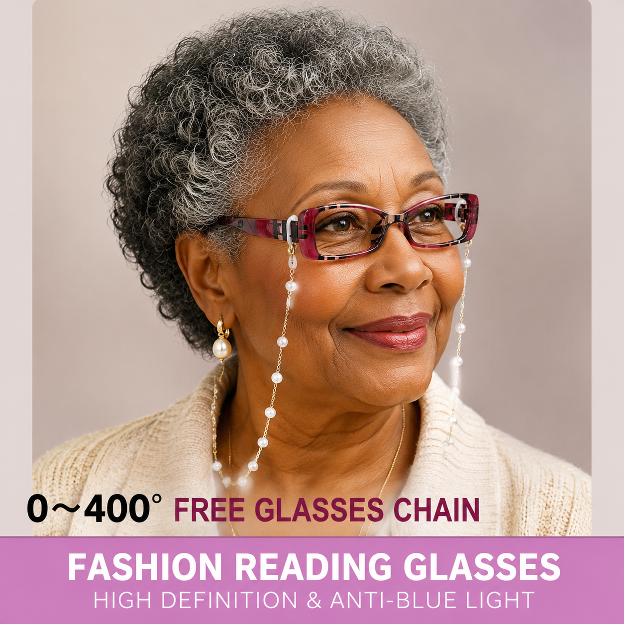 Prescription Reading Glasses, Striped Rectangular With Pearl Chain