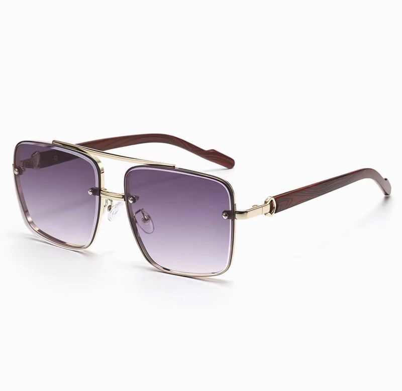 Men's Sunglasses｜Square Shape with Gold Frame & Wood Texture Temples, 6 Gradient Lens Colors Optional