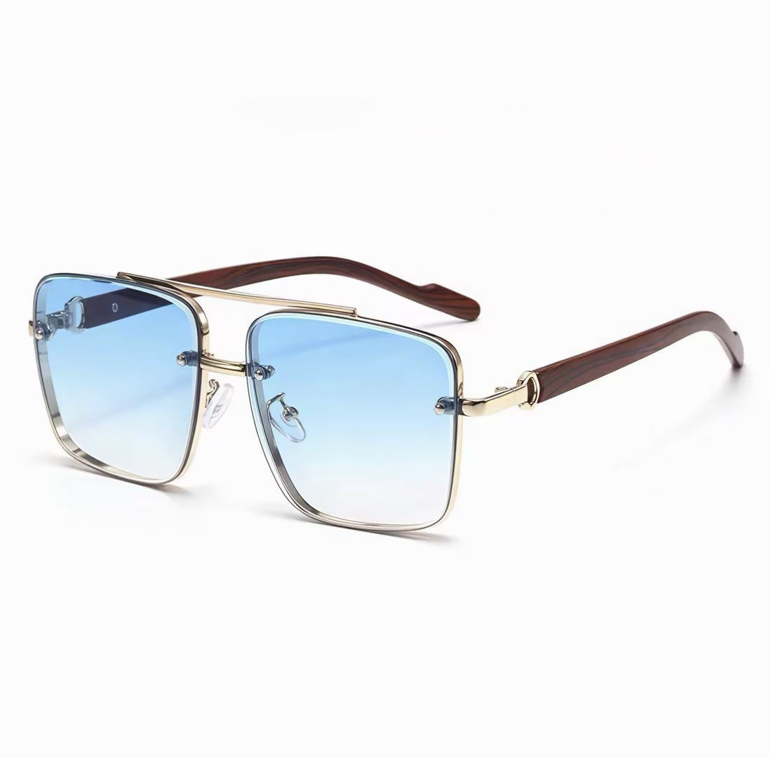 Men's Sunglasses｜Square Shape with Gold Frame & Wood Texture Temples, 6 Gradient Lens Colors Optional