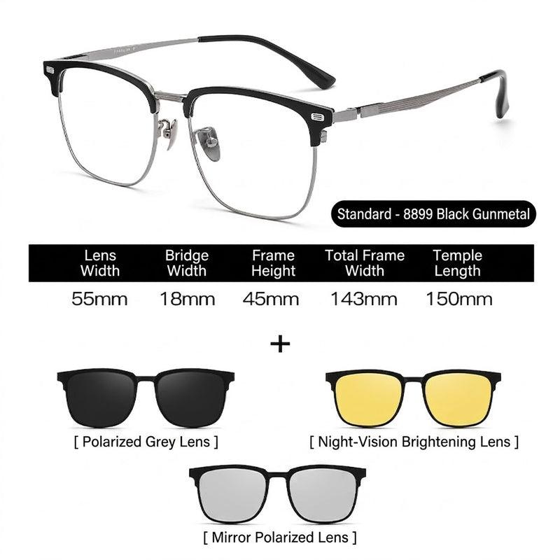 Prescription Eyeglasses | 5-in-1 Magnetic Clip-On Glasses, Polarized Sun Lens & Night Driving Lens