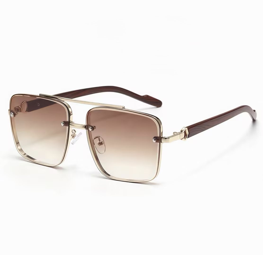 Men's Sunglasses｜Square Shape with Gold Frame & Wood Texture Temples, 6 Gradient Lens Colors Optional