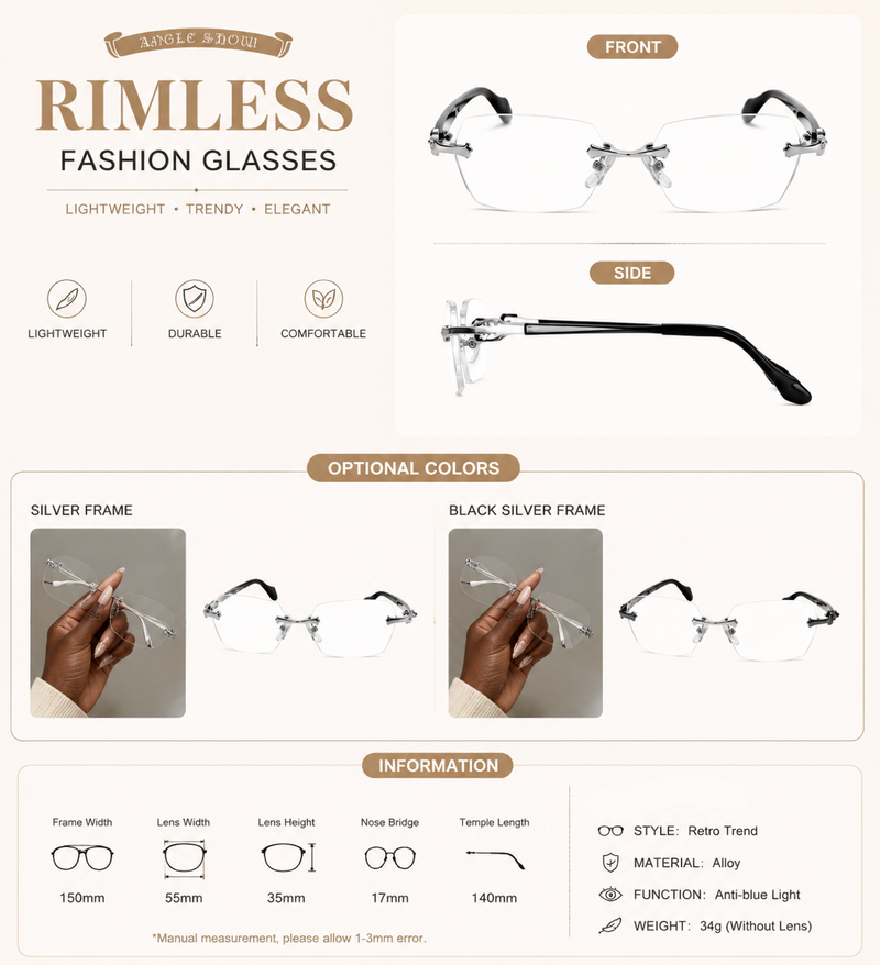 Prescription Reading Glasses, Luxury Rimless High-Definition Frame
