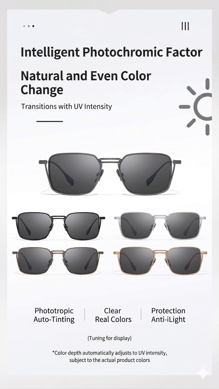 Photochromic Square Glasses | Lightweight Titanium Frame | Unisex Eyewear