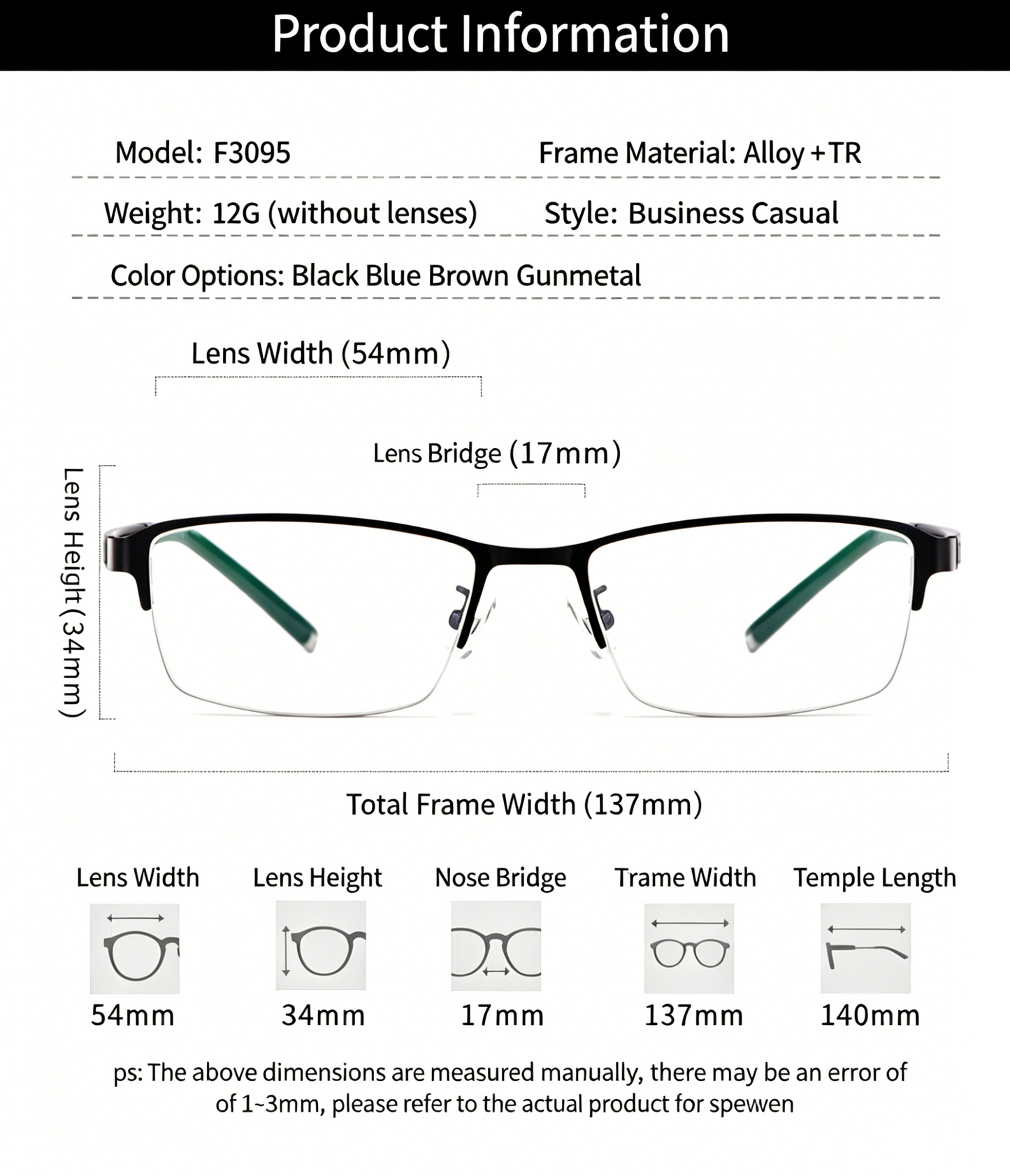 Men 12g Ultra Light Half Rim TR Alloy Optical Frame, Rx Ready