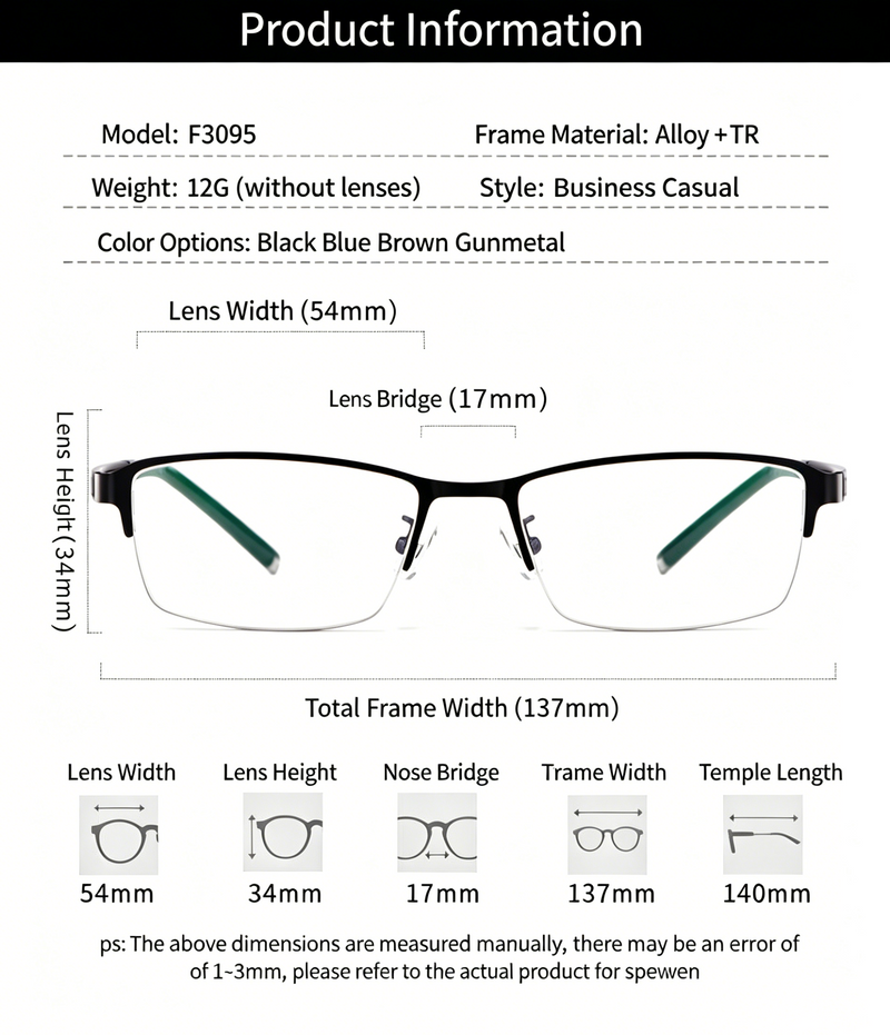 Men 12g Ultra Light Half Rim TR Alloy Optical Frame, Rx Ready