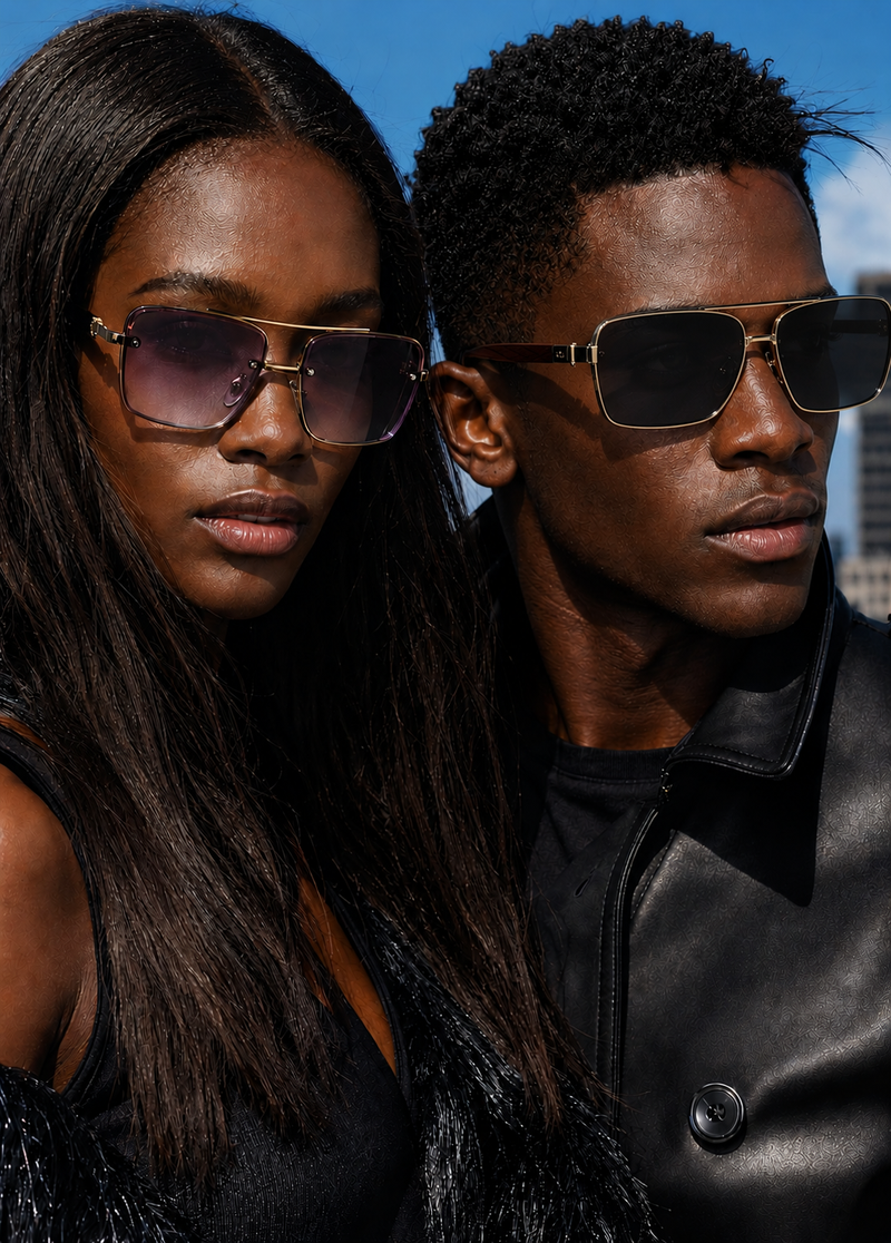 Sunglasses | Square Shape with Gold Frame & Wood Texture Temples